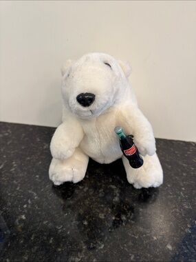 Coca Cola White Plush Polar Bear Holding Mini Coke Bottle